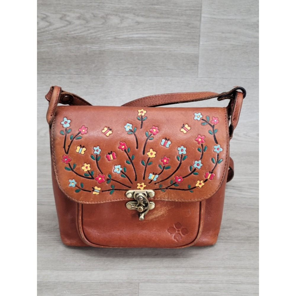 Patricia Nash Brown Leather Shoulder Bag Tooled Floral Butterfly Boho Handbag